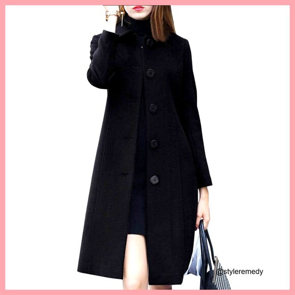 Wool Blend Slim Fit Knee Length Overcoat with Button Down Collar